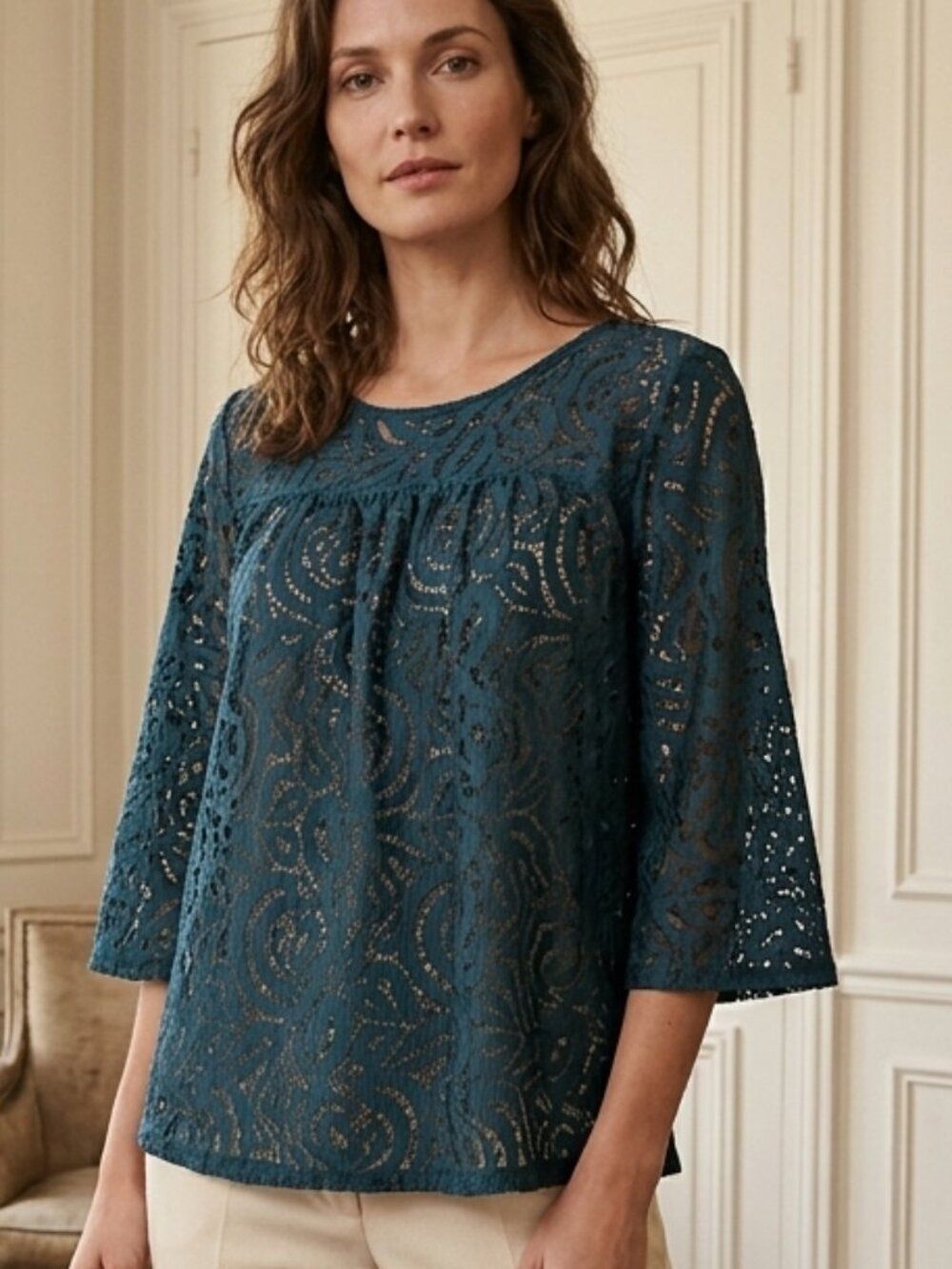 NWT Loft Outlet Teal Lace Overlay Top SP | Oversized 3/4 Sleeve